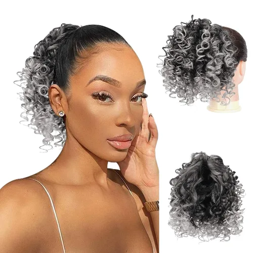 Vista 23 de PEACOCO Extensión de cola de caballo rizada con cordón para mujeres negras - Cola de caballo de 6 pulgadas con clip, postizo sintético de afro corto