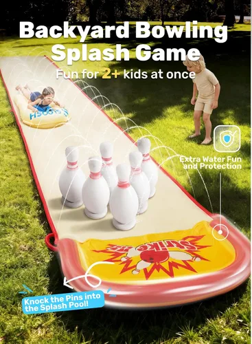 Vista 2 de Sloosh Juego de bolos de tobogán acuático de 20 pies, toboganes de agua y 2 bodyboards de verano con rociador integrado para diversión al aire libre