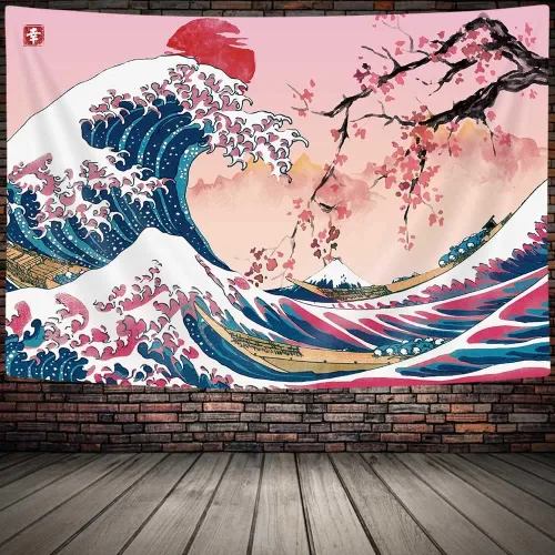 Vista 3 de MERCHR Tapiz de pared de flor de cerezo con sol rosa y rojo, olas del océano y escena de montaña, diseño de anime asiático para dormitorio, 60 x 40