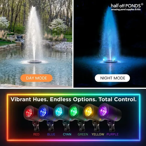 Vista 8 de Fuente flotante y aireador de 1/2 HP para estanques y lagos con cable de 100 pies 6,100 GPH, 9 spray patterns, Color-changing LED lights