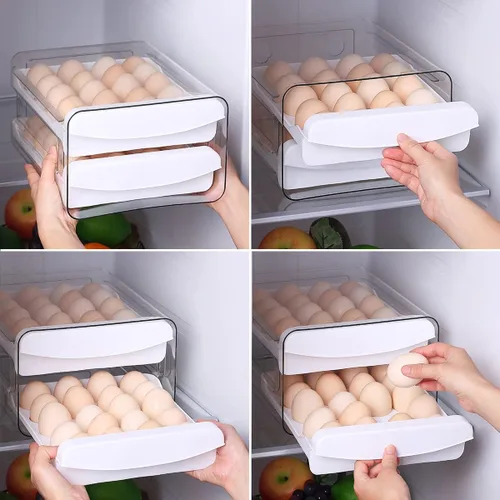 Vista 7 de HOMQUEN Soporte para huevos, plástico transparente, bandeja para huevos de 2 capas/40 rejillas y caja de almacenamiento fresca para refrigerador