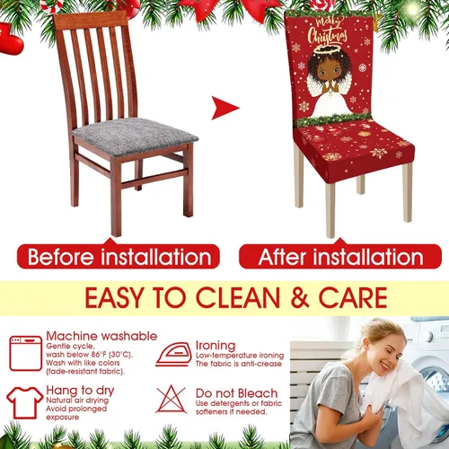 Vista 4 de Ganeen 6 piezas de fundas para sillas navideñas, funda para respaldo de silla de Navidad, funda elástica para asiento de Navidad lavable, protector