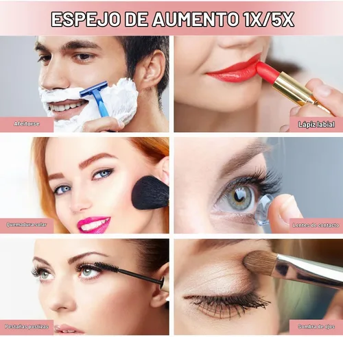 Vista 6 de Espejo compacto con iluminación LED, espejo de maquillaje de viaje de aumento 1X/5X de 4 pulgadas, espejo compacto portátil recargable con luz