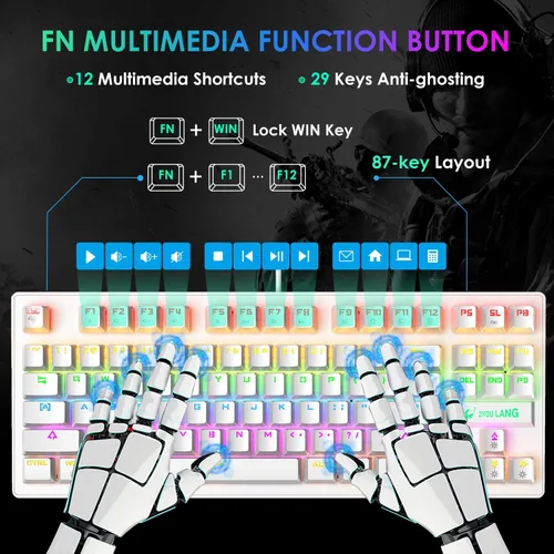 Vista 5 de Teclado mecánico para juegos, interruptor azul, mini 82 teclas, teclado retroiluminado LED arco iris, mouse ligero para juegos de 6400 DPI óptica