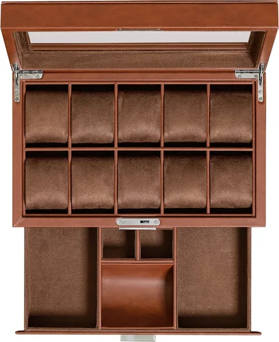 Vista 2 de Juego de regalo Caja de reloj de cuero con 10 ranuras con cajón de valet y funda de viaje para 2 relojes a juego, organizador de exhibición