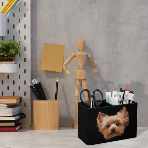 Vista 7 de Yorkshire Terrier - Lindo soporte para bolígrafos de cuero para perros Yorkie para lápices, cajones de almacenamiento de escritorio, organizador