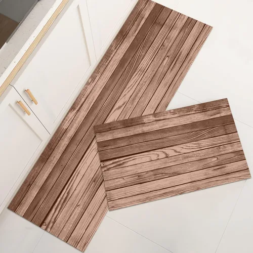 Vista 13 de GUBIYU Juego de 2 alfombras y tapetes de cocina de madera campestre, lavables, rústicas, tablones de madera marrón, alfombras de baño