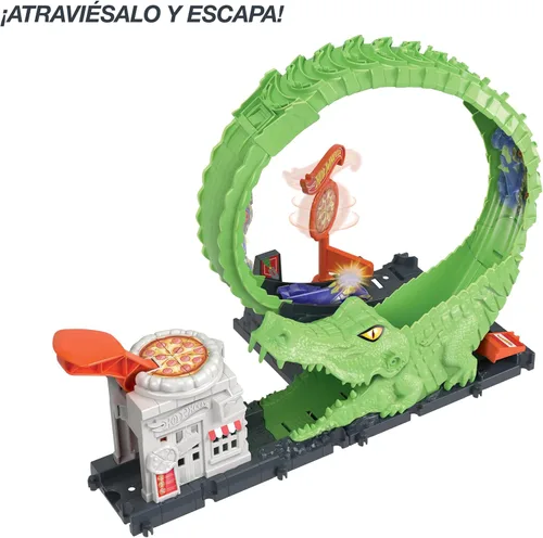 Vista 4 de Conjunto de pista de juguete Hot Wheels Gator Loop Attack en Pizza Place con coche a escala 1:64, se conecta a otros conjuntos