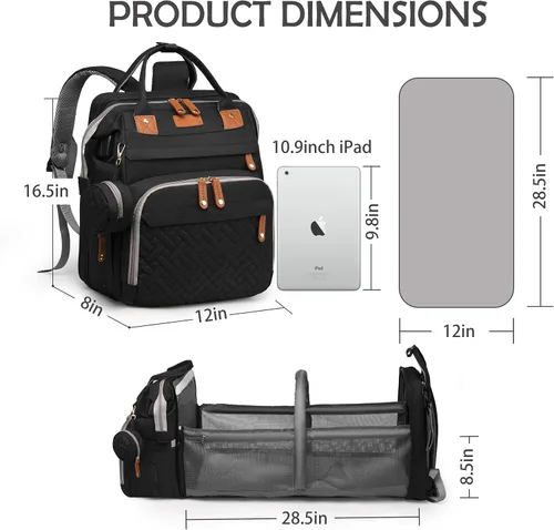 Vista 3 de Bolsa de pañales con estación de cambio, bolsa de bebé de viaje multifuncional, tote de bebé impermeable, bolsa de mamá de gran capacidad, mochila