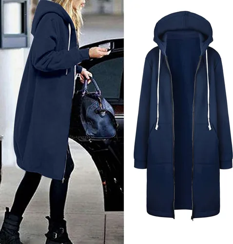 Vista 5 de Sudaderas con capucha para mujer, casual, con cremallera completa, cómodas, largas, para otoño, invierno, sudaderas con bolsillos