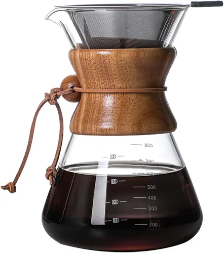 Vista 10 de Cafetera de goteo con filtro de goteo reutilizable de acero inoxidable, jarra de café de vidrio de borosilicato sin plomo con cuello de madera