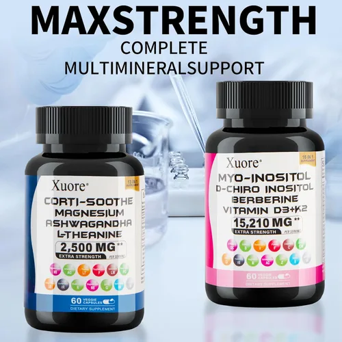 Vista 3 de Paquete de suplemento de cortisol y mio-inositol con ashwagandha, magnesio, l-teanina, d-chiro inositol, folato, berberina, casteberry para aliviar