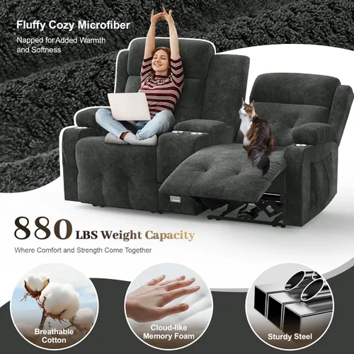 Vista 135 de Sofá de Dos Plazas Reclinable, Sofá Reclinable de Masaje con Gran Capacidad de Peso, Silla de Dos Plazas para RV en Liquidación con Consola, USB