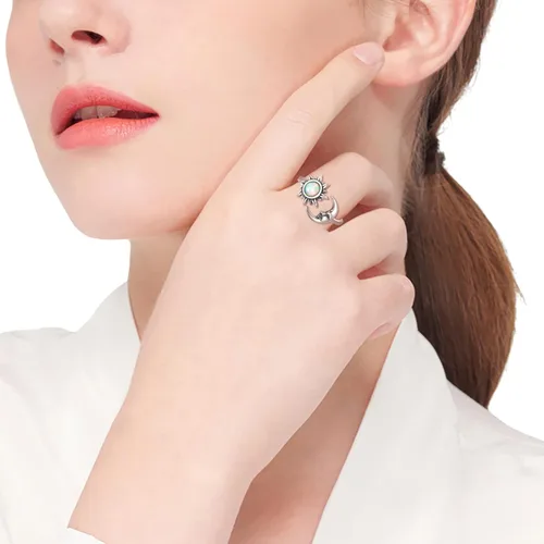 Vista 5 de Anillo de ópalo con sol y luna ajustable, plata de ley 925, con cara de luna creciente, regalo de joyería vintage para mujer