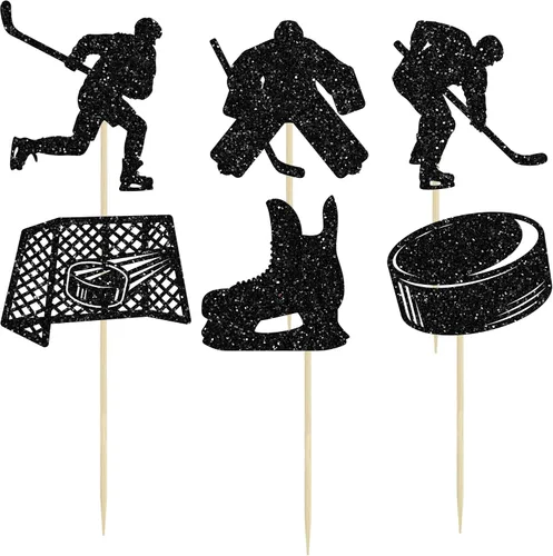 Vista 3 de Gyufise 24 adornos de hockey para cupcakes con purpurina negra, jugadores de hockey con purpurina, selecciones de cupcakes, hockey sobre hielo