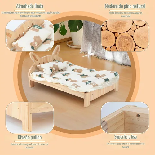 Vista 3 de BWOGUE Cama grande de madera de conejo, cama plegable 2 en 1 para mascotas con cojín reversible y almohada, fácil de montar, camas para animales