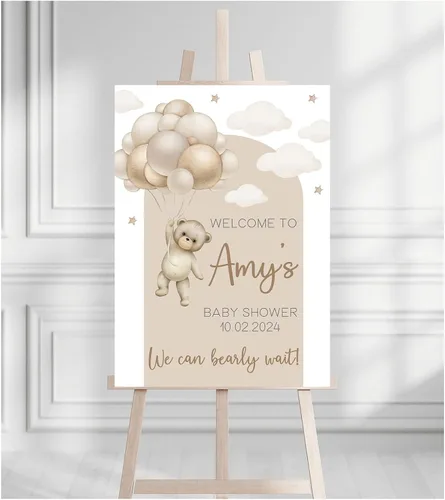 Vista 15 de Letrero de bienvenida para baby shower, personalizable, con texto en inglés «We Can Bearly Wait» Neutral Cute Teddy Bear Theme, varios tamaños