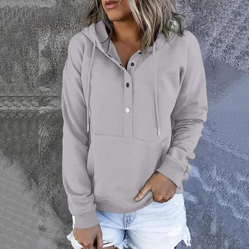 Vista 2 de Sudadera clásica con capucha para mujer, color liso, de manga larga, con botones, con cordón, ajuste delgado, túnica a la moda, trajes de otoño