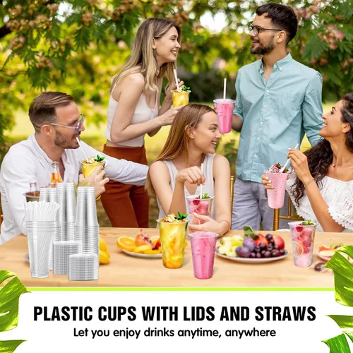 Vista 3 de Eaasty Juego de 50 vasos de plástico transparente de 20 onzas con cuchara, pajitas y tapas planas, desechables, para café helado, postre, yogur