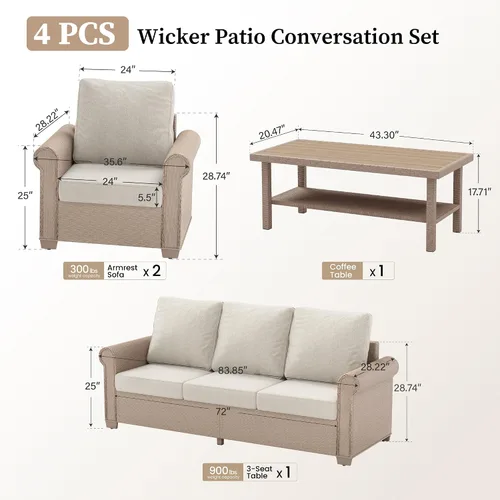 Vista 3 de SUNSHINE VALLEY - Juego de conversación de mimbre para patio de 4 piezas con mesa auxiliar Beige