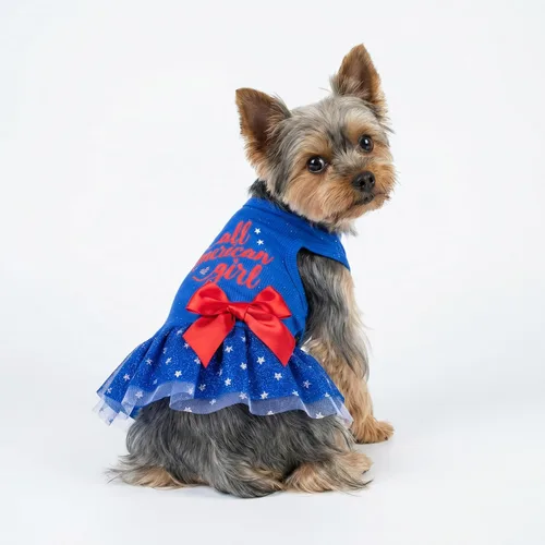 Vista 4 de Fitwarm All American Girl Vestido para Perros - Vestido Patriótico de Tul para Perros Pequeños, Azul Real, Rojo, Blanco, XXS