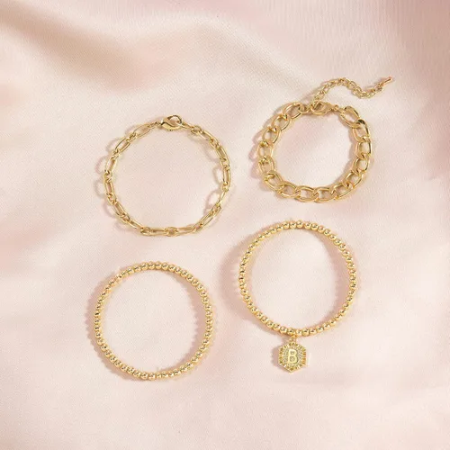 Vista 8 de Pulseras chapadas en oro para mujer, pulseras con inicial de oro, juego de pulseras apilables de cuentas en capas de oro, pulseras lindas, Ágata