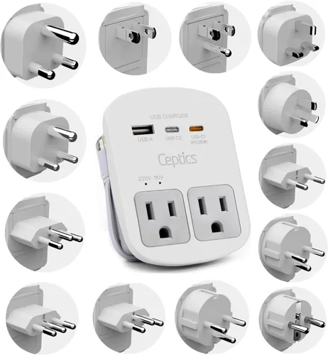 Vista 12 de Ceptics Adaptador de Enchufe de Corriente Internacional Juego de Viaje, 20W PD y QC, USB Dual Seguro y USB-C 3.1A - 2 Tomas de EE.UU. - Compacto