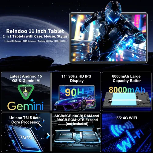 Vista 2 de Relndoo 2026 Tablet Android 15 de 11 pulgadas con teclado, 24GB+256GB+2TB Expandir Tablets PC with Gemini AI, Octa-Core, 8000mAh, 5G WiFi