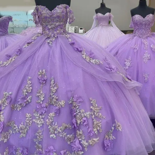 Vista 7 de Mauuwy Vestidos de quinceañera florales en 3D, vestido de baile de tul brillante hinchado dulce 16 vestidos de encaje con hombros descubiertos
