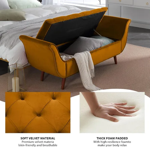 Vista 4 de Banco de almacenamiento de terciopelo para dormitorio otomano, banco de cama tapizado con botones para dormitorios, tamaño King con brazos