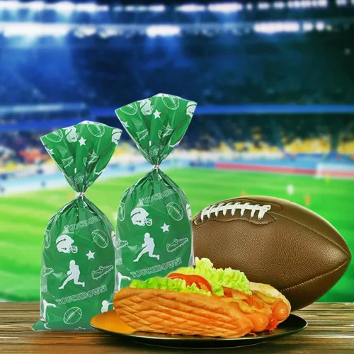 Vista 3 de Glodecart 100 bolsas de celofán de fútbol americano para decoración deportiva, fiestas, galletas, fútbol, deportes, bolsas de dulces con lazos