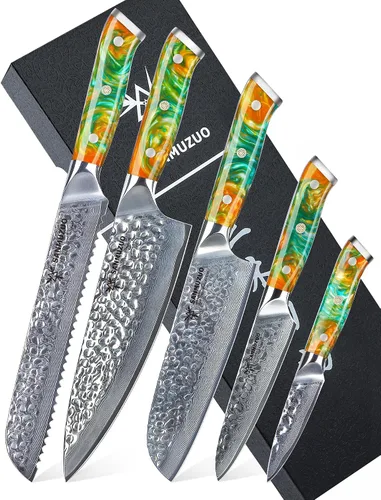 Vista 8 de Cuchillo Santoku de 7" - Cuchillo de chef japonés - Acero de Damasco martillado y mango de resina - Serie YAO