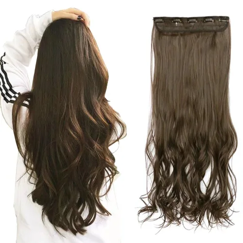 Vista 14 de Extensiones de cabello sintético de 24 pulgadas, 4.23 onzas, color negro, 5 clips, extensiones de cabello sintético resistentes al calor #1 (negro)