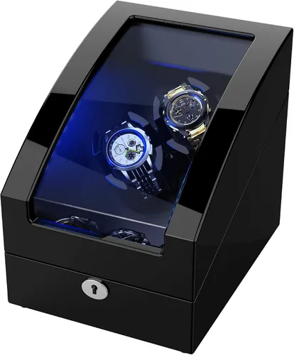 Vista 2 de TRIPLE TREE Bobinadora de reloj doble + 3 almohadas de reloj de cuero suave LED automáticos, caja de bobinado de madera con carcasa de madera