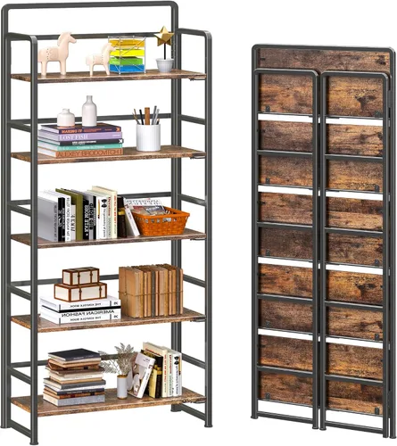 Vista 17 de 4NM Estantería plegable sin montaje, estante de almacenamiento para libros con estantes de 3 niveles, estilo vintage. Organizador de oficina y Todo