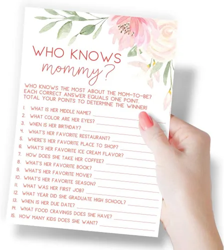 Vista 2 de Printed Party Baby Shower Games - Who Knows Mommy Best Game for Girl, Baby in Bloom Floral Theme, 50 tarjetas