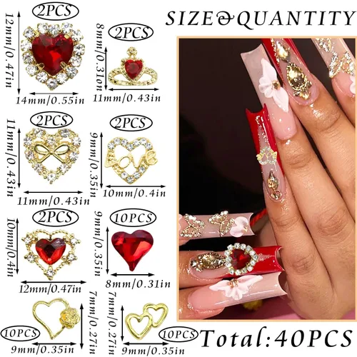 Vista 3 de RODAKY 40 dijes de uñas de corazón de cristal rojo, gemas de uñas para el día de San Valentín para uñas, arte de lujo, accesorios de decoración