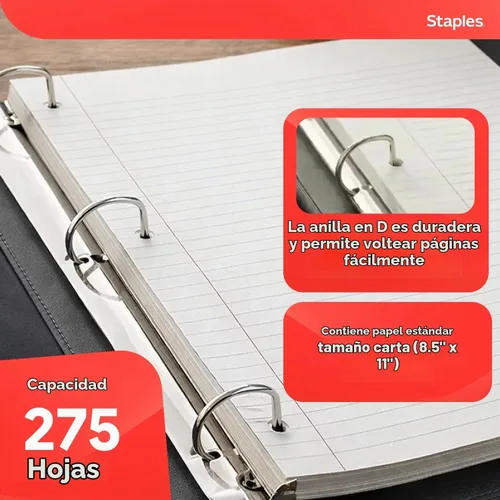 Vista 3 de Carpeta con anillos en forma de "D" de 1 pulgada para mejor visualización Staples, Negro