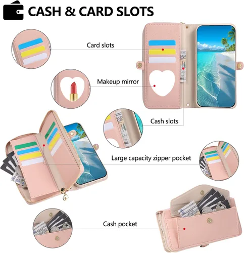 Vista 35 de Asuwish Funda de teléfono para Samsung Galaxy S23 5G con cremallera, funda para celular con protector de pantalla, correa para el hombro, espejo