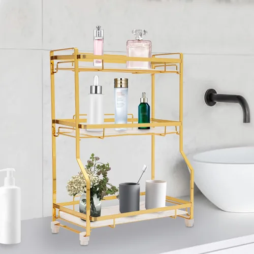 Vista 9 de Organizador de mostrador de baño de 3 niveles, organizador de perfume dorado de acero inoxidable, organizador de maquillaje, estante