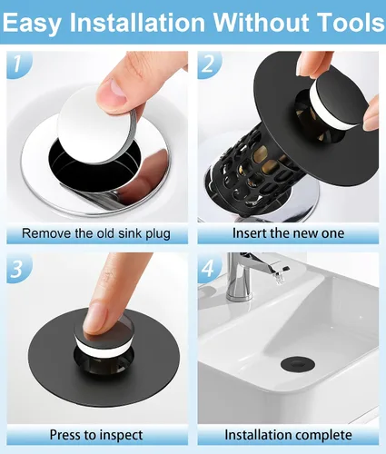 Vista 5 de QYHNYJF Tapón de lavabo de baño mejorado con recogedor de pelo, tapón de drenaje universal emergente, sello de acero inoxidable y silicona