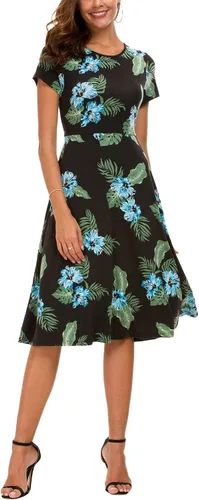 Vista 14 de Urban CoCo Vestido de manga corta para mujer, acampanado, con estampado floral, longitud por debajo de las rodillas # 1