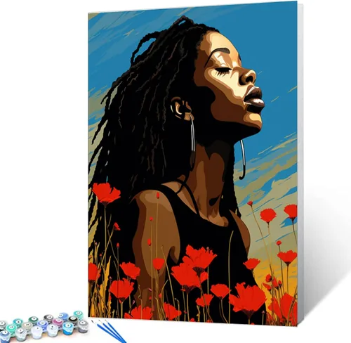 Vista 37 de Pintura por Números Afroamericana DIY Pintura Acrílica Kit de Pintura por Números para Niños Adultos Principiantes Chica Negra de Moda DIY Pintura