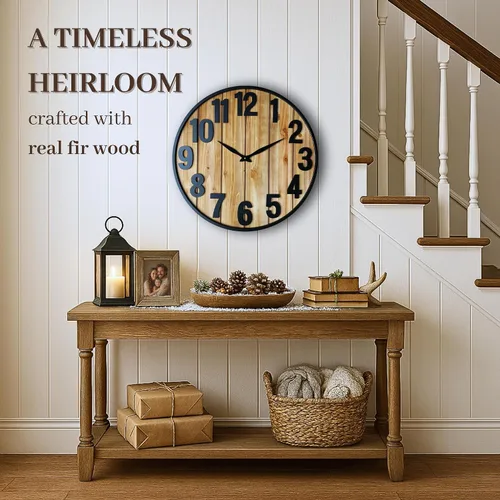Vista 2 de Montoire Reloj de pared de granja de madera de 24 pulgadas, extra grande para decoración de sala de estar - Grandes relojes rústicos redondos