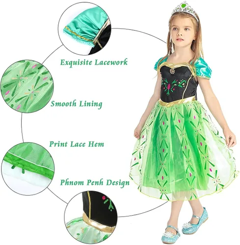 Vista 2 de URAQT Elsa - Disfraz de princesa para niñas - Vestido de fiesta de nieve para cosplay vestido de Anna con corona de varita tiara