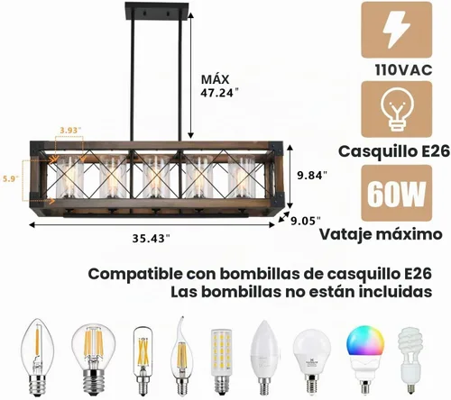 Vista 4 de Iluminación rústica de isla de cocina de granja, lámpara de 5 luces para comedor sobre mesa, lámpara de araña de madera rústica rectangular, lámpara