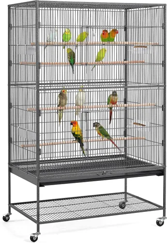 Vista 10 de Jaula para pájaros Yaheetech de 132 cm de pie, jaula grande de acero forjado para loros, jaula de vuelo para cacatúas grises africanas, cuáqueros