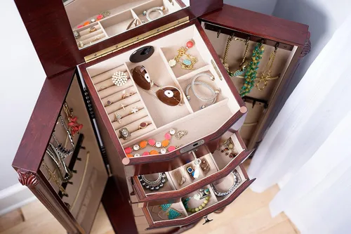 Vista 23 de Hives and Honey Florence Jewelry Armoire - Organizador de almacenamiento de joyas con 8 cajones forrados de fieltro, espejo de tocador, rollos