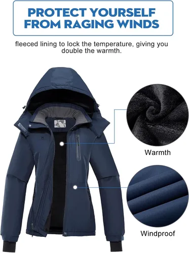 Vista 5 de CAMEL CROWN Chaqueta de esquí para mujer, impermeable, cálida, para invierno, con capucha, rompevientos, rompevientos, resistente al viento