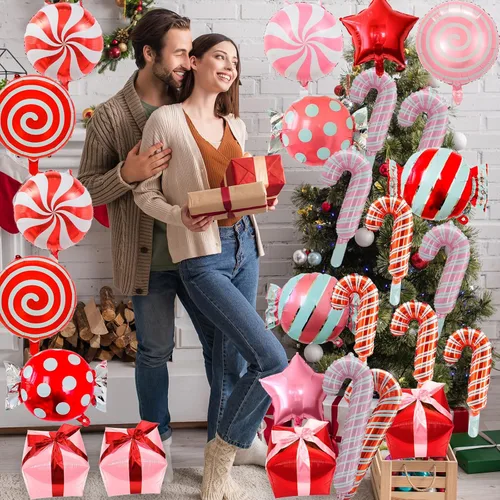 Vista 5 de Decoraciones de globos de bastón de caramelo de Navidad, 42 globos de papel de aluminio de bastón de caramelo con cinta, globo redondo de Mylar